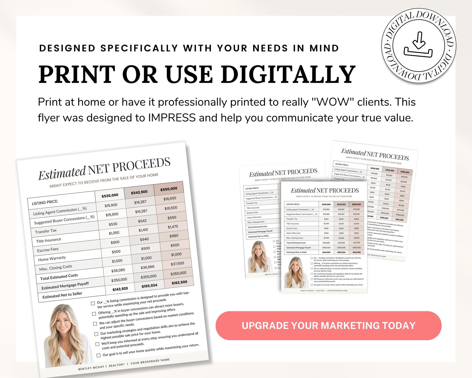 Seller's Net Proceeds Sheet | Real Estate Net Sheet | Home Seller Net Proceeds | NAR Settlement | Seller's Net | Real Estate Template