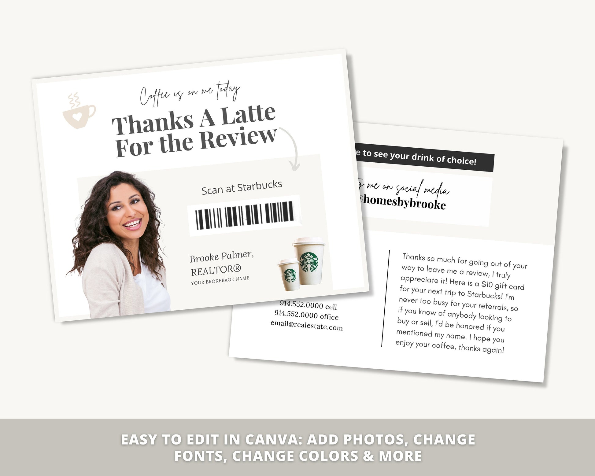 Review Postcard | Thanks A Latte for the Review | Real Estate Marketing | Real Estate Farming Card | Real Estate Coffee Gift Card | Canva