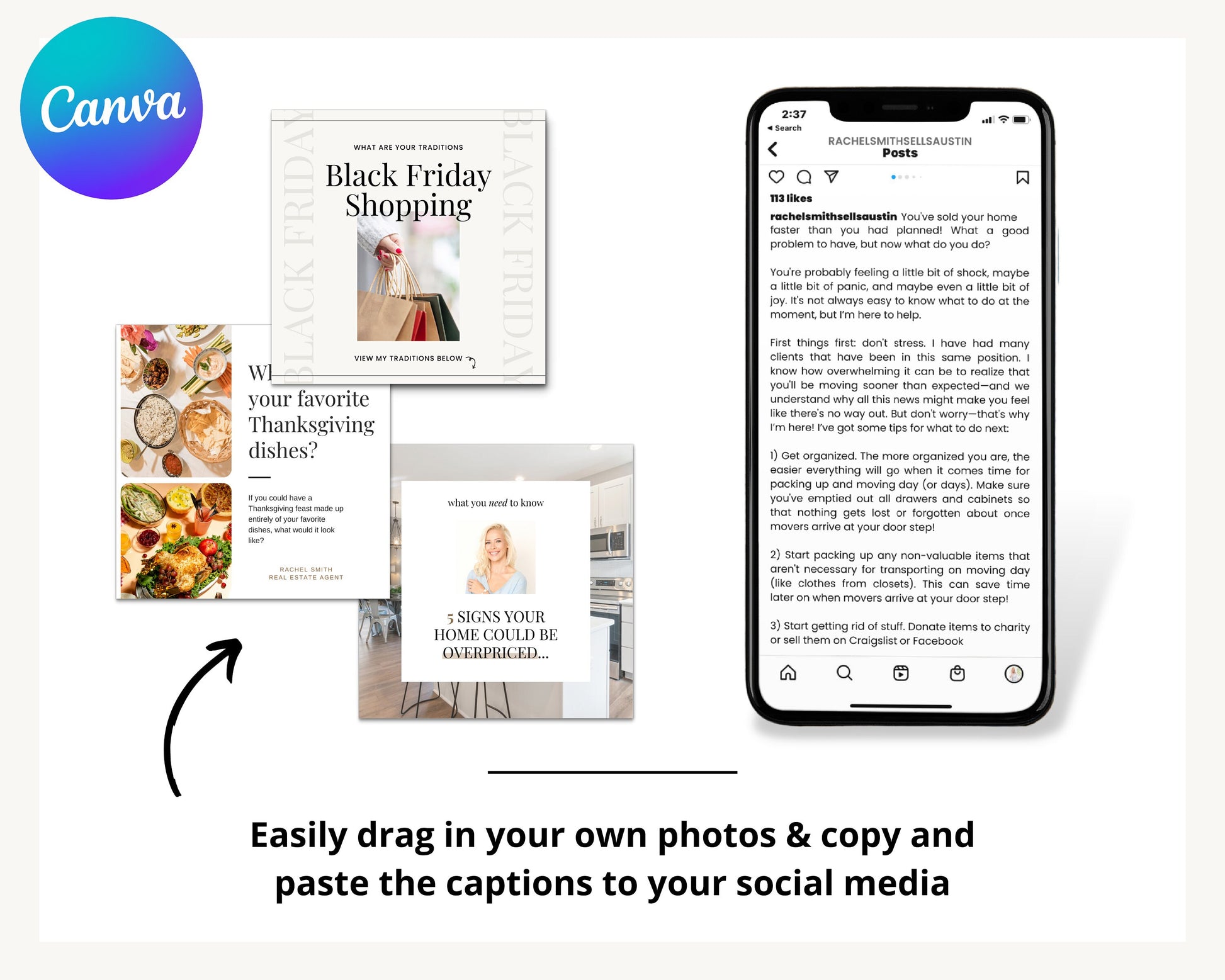 November Real Estate Captions & 30 Matching Real Estate Canva Posts | Real Estate Instagram Posts | Real Estate Marketing | Canva Template