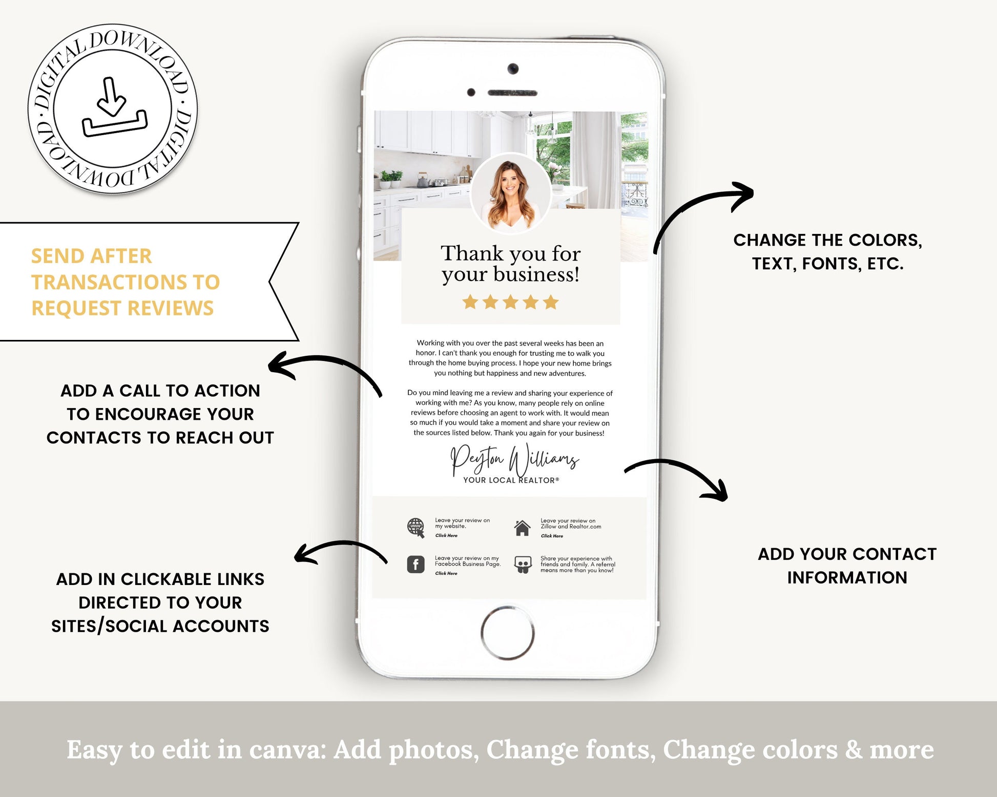 Client Review Request Textable Card | Real Estate Agent Marketing | Entrepreneur Client Testimonials | Canva Template | Referral Request