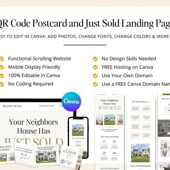 QR Code Postcard & Just Sold Landing Page | Home Seller Lead Generation | Generate Seller Leads | QR Code | Sales Page | Canva Template