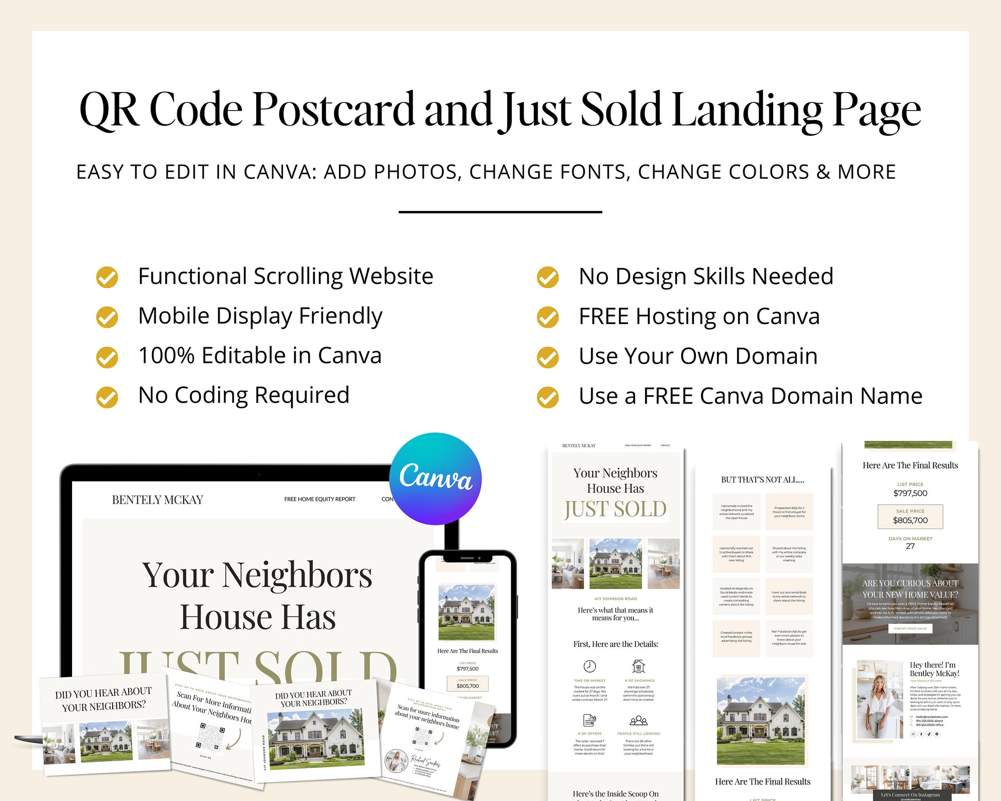 QR Code Postcard & Just Sold Landing Page | Home Seller Lead Generation | Generate Seller Leads | QR Code | Sales Page | Canva Template