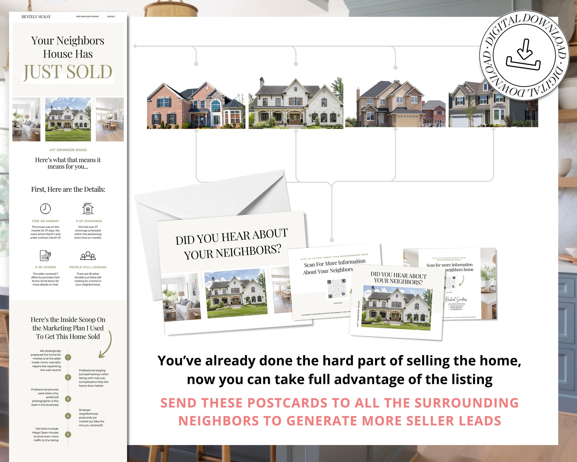 QR Code Postcard & Just Sold Landing Page | Home Seller Lead Generation | Generate Seller Leads | QR Code | Sales Page | Canva Template