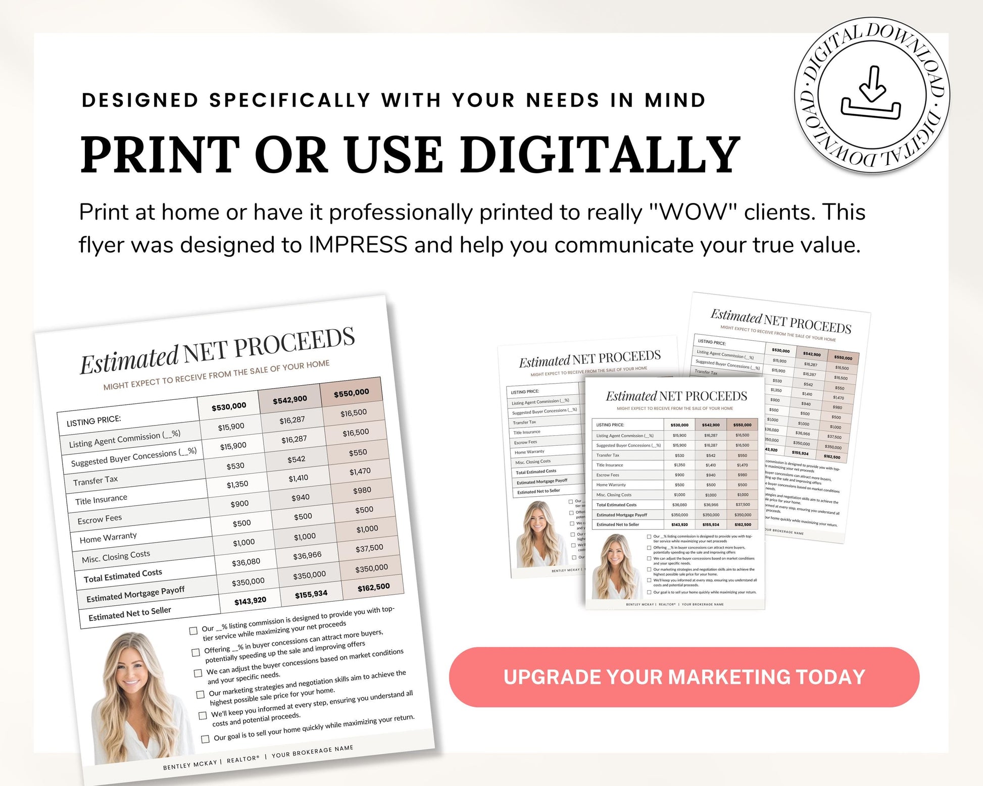 Seller's Net Proceeds Sheet | Real Estate Net Sheet | Home Seller Net Proceeds | NAR Settlement | Seller's Net | Real Estate Template