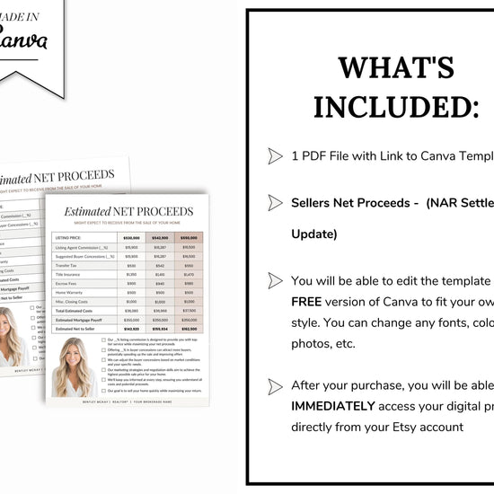 Seller's Net Proceeds Sheet | Real Estate Net Sheet | Home Seller Net Proceeds | NAR Settlement | Seller's Net | Real Estate Template