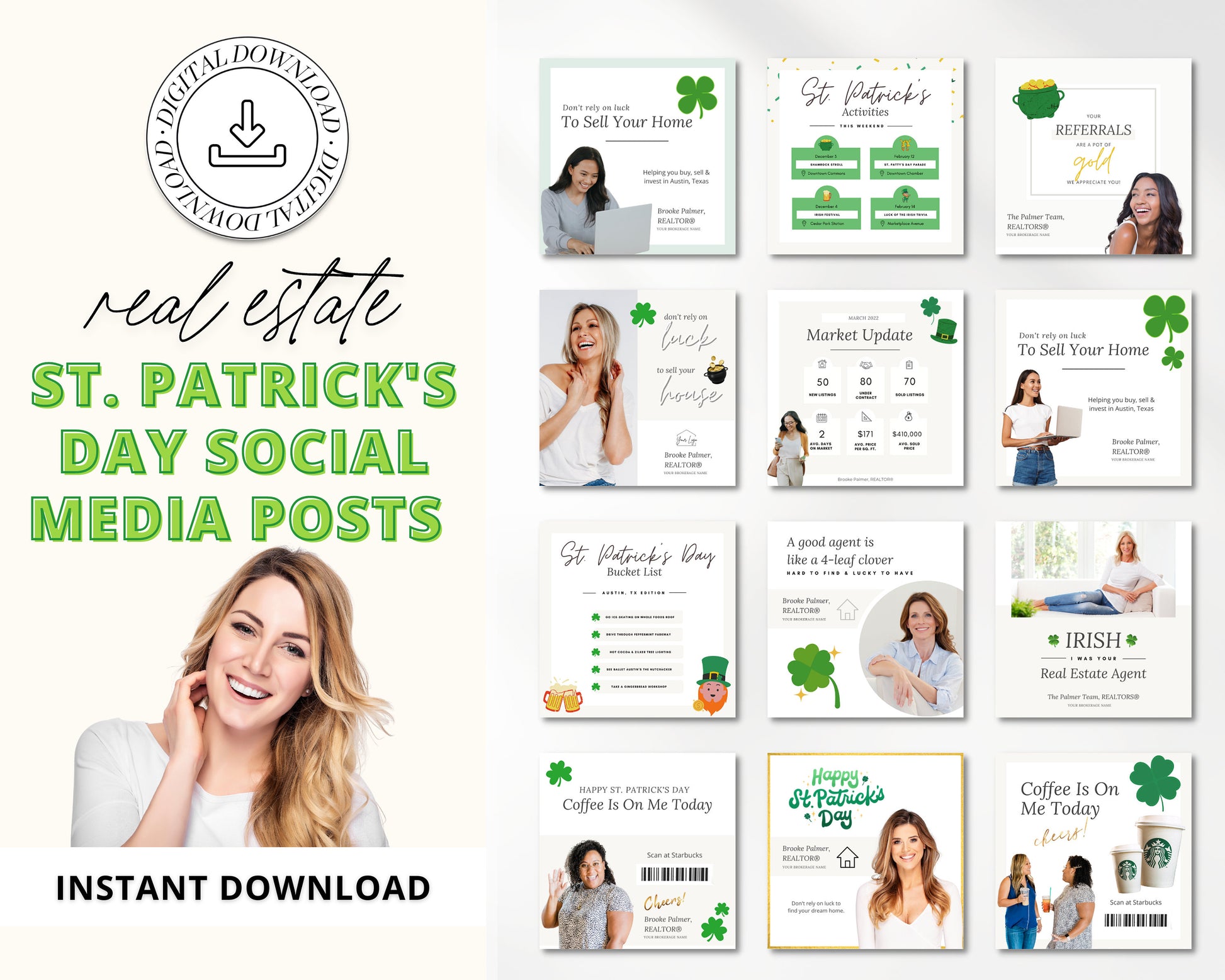 St Patricks Day Instagram Posts | Real Estate Agent Marketing Canva Templates | Real Estate Social Media Posts | St Patricks Day Pop By