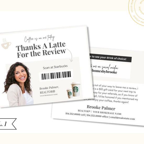 Review Postcard | Thanks A Latte for the Review | Real Estate Marketing | Real Estate Farming Card | Real Estate Coffee Gift Card | Canva