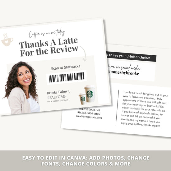 Review Postcard | Thanks A Latte for the Review | Real Estate Marketing | Real Estate Farming Card | Real Estate Coffee Gift Card | Canva