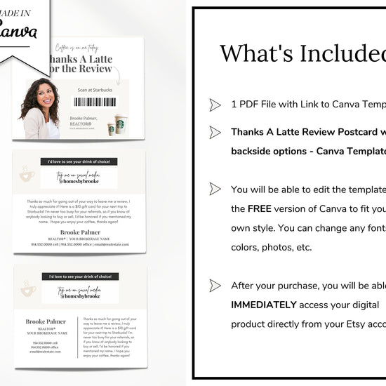 Review Postcard | Thanks A Latte for the Review | Real Estate Marketing | Real Estate Farming Card | Real Estate Coffee Gift Card | Canva