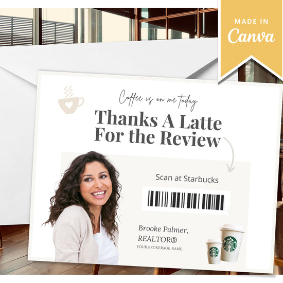 Review Postcard | Thanks A Latte for the Review | Real Estate Marketing | Real Estate Farming Card | Real Estate Coffee Gift Card | Canva