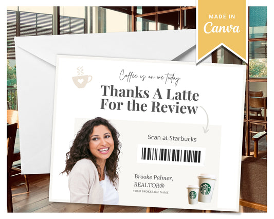 Review Postcard | Thanks A Latte for the Review | Real Estate Marketing | Real Estate Farming Card | Real Estate Coffee Gift Card | Canva