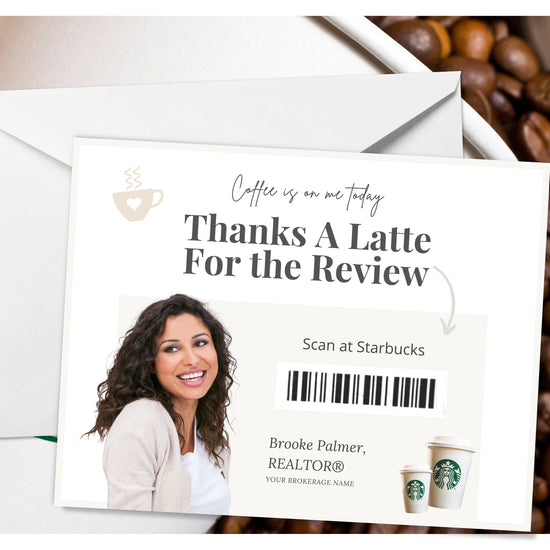 Review Postcard | Thanks A Latte for the Review | Real Estate Marketing | Real Estate Farming Card | Real Estate Coffee Gift Card | Canva