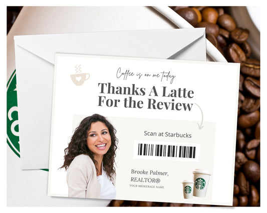 Review Postcard | Thanks A Latte for the Review | Real Estate Marketing | Real Estate Farming Card | Real Estate Coffee Gift Card | Canva