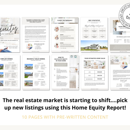 Home Equity Report | CMA Packet Clients | Comparative Market Analysis | Listing Presentation | Seller Guide Real Estate Prospecting | Canva