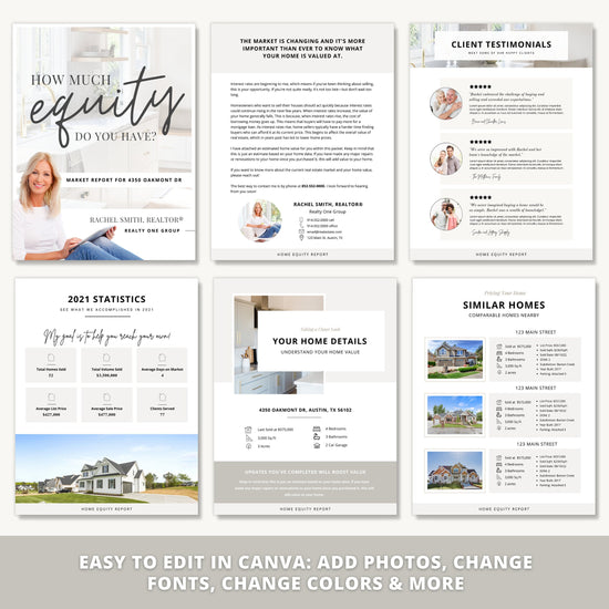 Home Equity Report | CMA Packet Clients | Comparative Market Analysis | Listing Presentation | Seller Guide Real Estate Prospecting | Canva