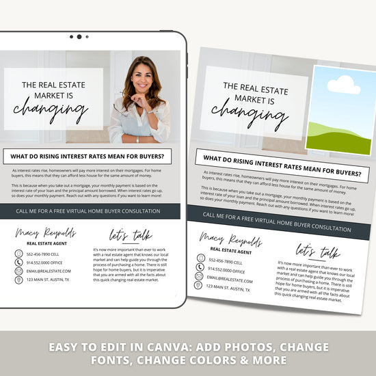 Real Estate Interest Rates Flyer | Real Estate Marketing | Canva Template | Rising Interest Rate Mailer | Rent vs Buy Realtor Farming Flyer