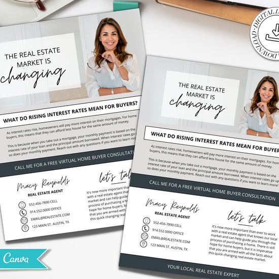 Real Estate Interest Rates Flyer | Real Estate Marketing | Canva Template | Rising Interest Rate Mailer | Rent vs Buy Realtor Farming Flyer