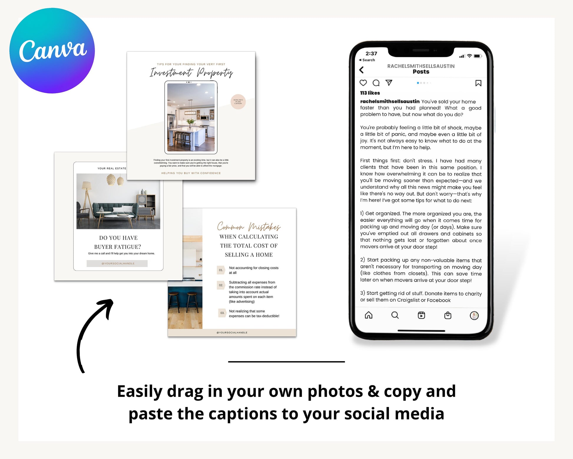 August Real Estate Captions & 31 Matching Real Estate Canva Posts | Real Estate Instagram Posts | Real Estate Marketing | Canva Template