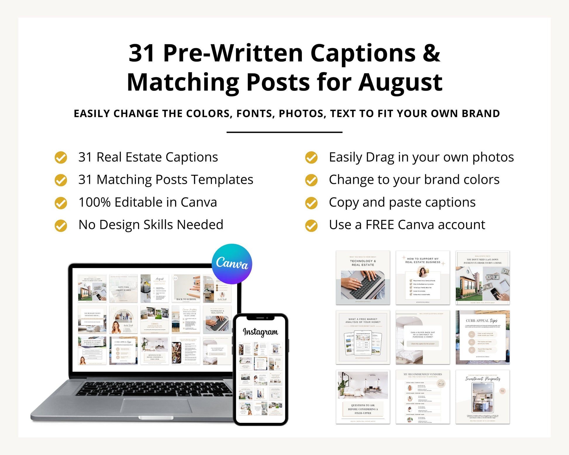 August Real Estate Captions & 31 Matching Real Estate Canva Posts | Real Estate Instagram Posts | Real Estate Marketing | Canva Template