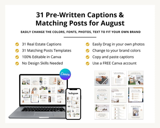 August Real Estate Captions & 31 Matching Real Estate Canva Posts | Real Estate Instagram Posts | Real Estate Marketing | Canva Template