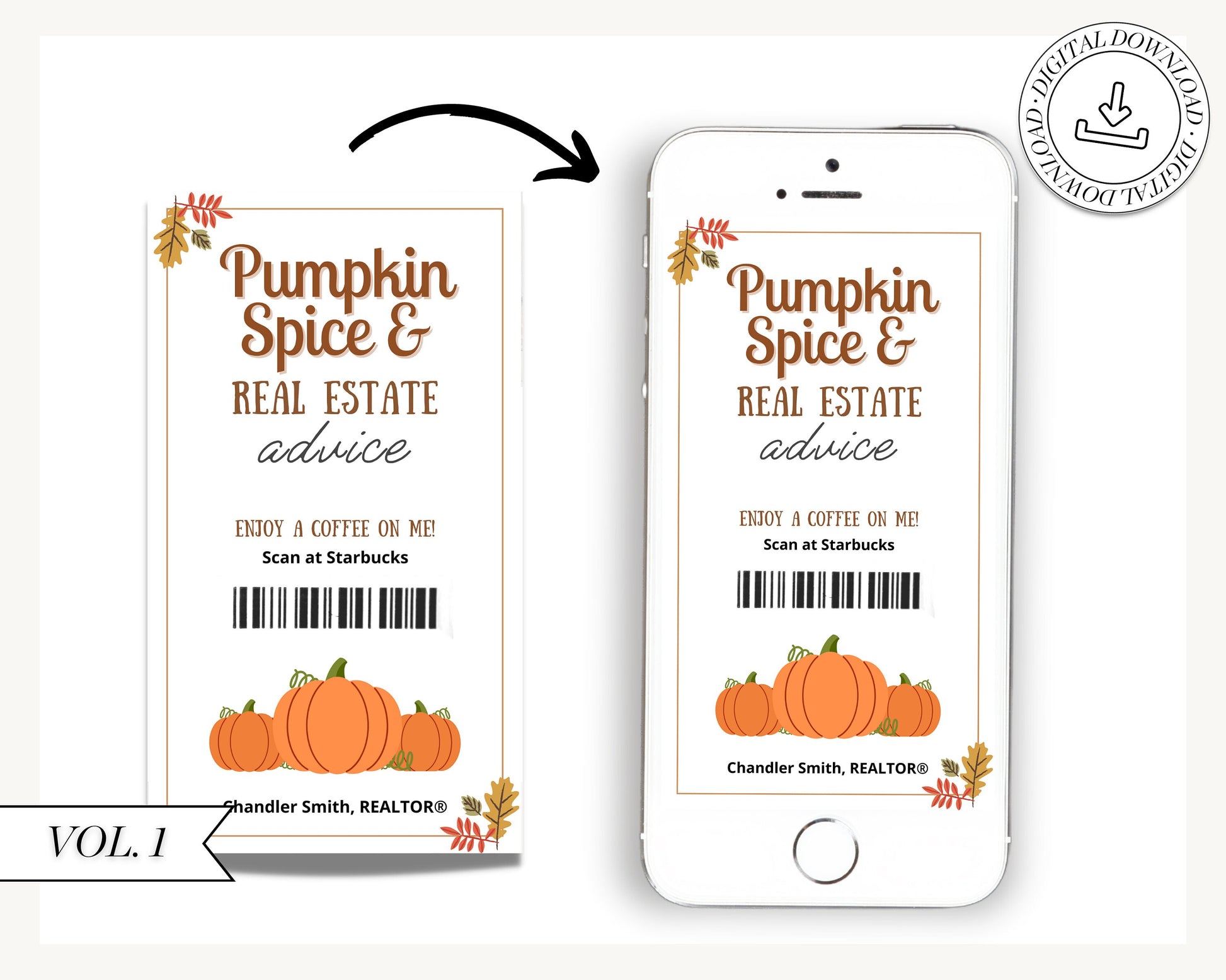 Fall Digital Coffee Gift Card | Textable Pumpkin Spice & Real Estate Advice | Fall Real Estate Marketing | Autumn | Canva Realtor Marketing