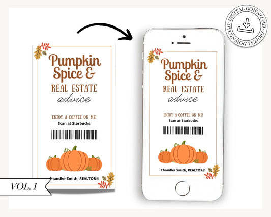 Fall Digital Coffee Gift Card | Textable Pumpkin Spice & Real Estate Advice | Fall Real Estate Marketing | Autumn | Canva Realtor Marketing