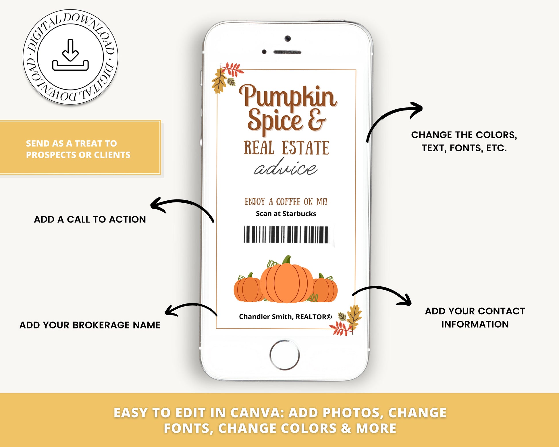 Fall Digital Coffee Gift Card | Textable Pumpkin Spice & Real Estate Advice | Fall Real Estate Marketing | Autumn | Canva Realtor Marketing