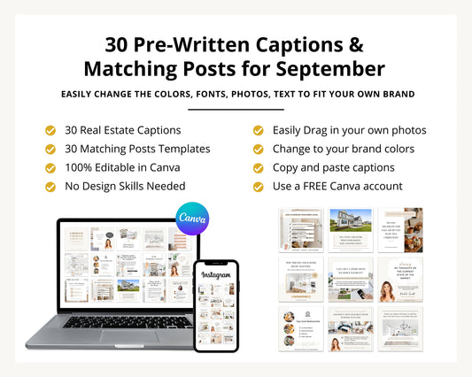 September Real Estate Captions & 30 Matching Real Estate Canva Posts | Real Estate Instagram Posts | Real Estate Marketing | Canva Template