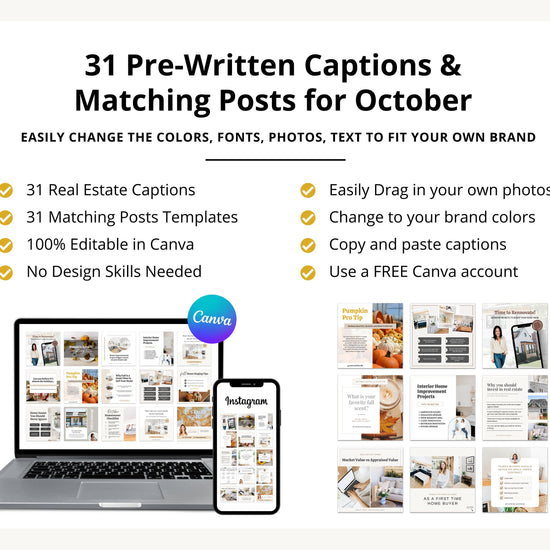 October Real Estate Captions & 31 Matching Real Estate Canva Posts | Real Estate Instagram Posts | Real Estate Marketing | Canva Template