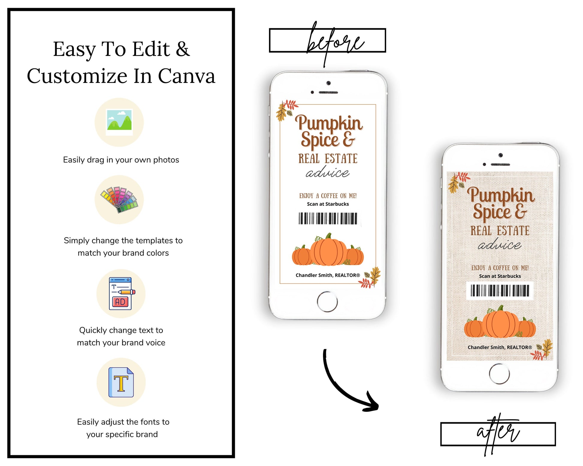 Fall Digital Coffee Gift Card | Textable Pumpkin Spice & Real Estate Advice | Fall Real Estate Marketing | Autumn | Canva Realtor Marketing