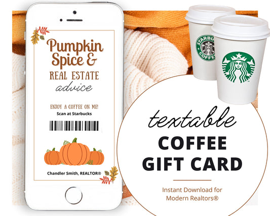 Fall Digital Coffee Gift Card | Textable Pumpkin Spice & Real Estate Advice | Fall Real Estate Marketing | Autumn | Canva Realtor Marketing