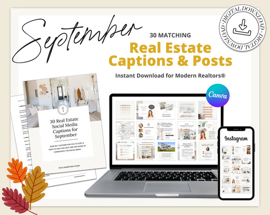 September Real Estate Captions & 30 Matching Real Estate Canva Posts | Real Estate Instagram Posts | Real Estate Marketing | Canva Template