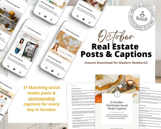 October Real Estate Captions & 31 Matching Real Estate Canva Posts | Real Estate Instagram Posts | Real Estate Marketing | Canva Template