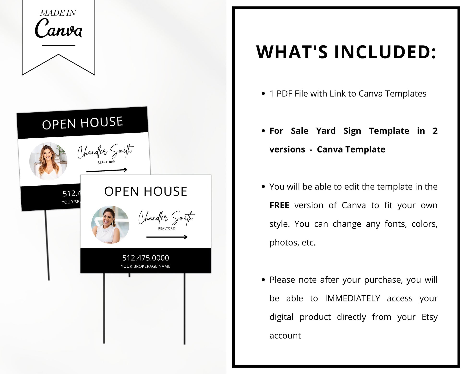 Real Estate Yard Open House Sign Template | For Sale Yard Sign | Customizable For Sale Signage | Open House Directional | Black Template