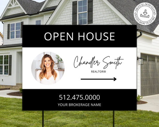 Real Estate Yard Open House Sign Template | For Sale Yard Sign | Customizable For Sale Signage | Open House Directional | Black Template