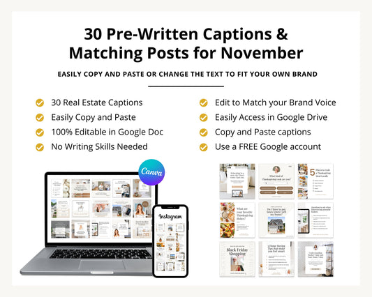 November Real Estate Captions & 30 Matching Real Estate Canva Posts | Real Estate Instagram Posts | Real Estate Marketing | Canva Template