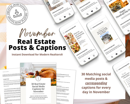 November Real Estate Captions & 30 Matching Real Estate Canva Posts | Real Estate Instagram Posts | Real Estate Marketing | Canva Template