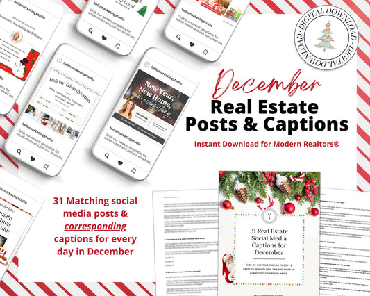 December Real Estate Captions & 31 Matching Real Estate Canva Posts | Real Estate Instagram Posts | Real Estate Marketing | Canva Template