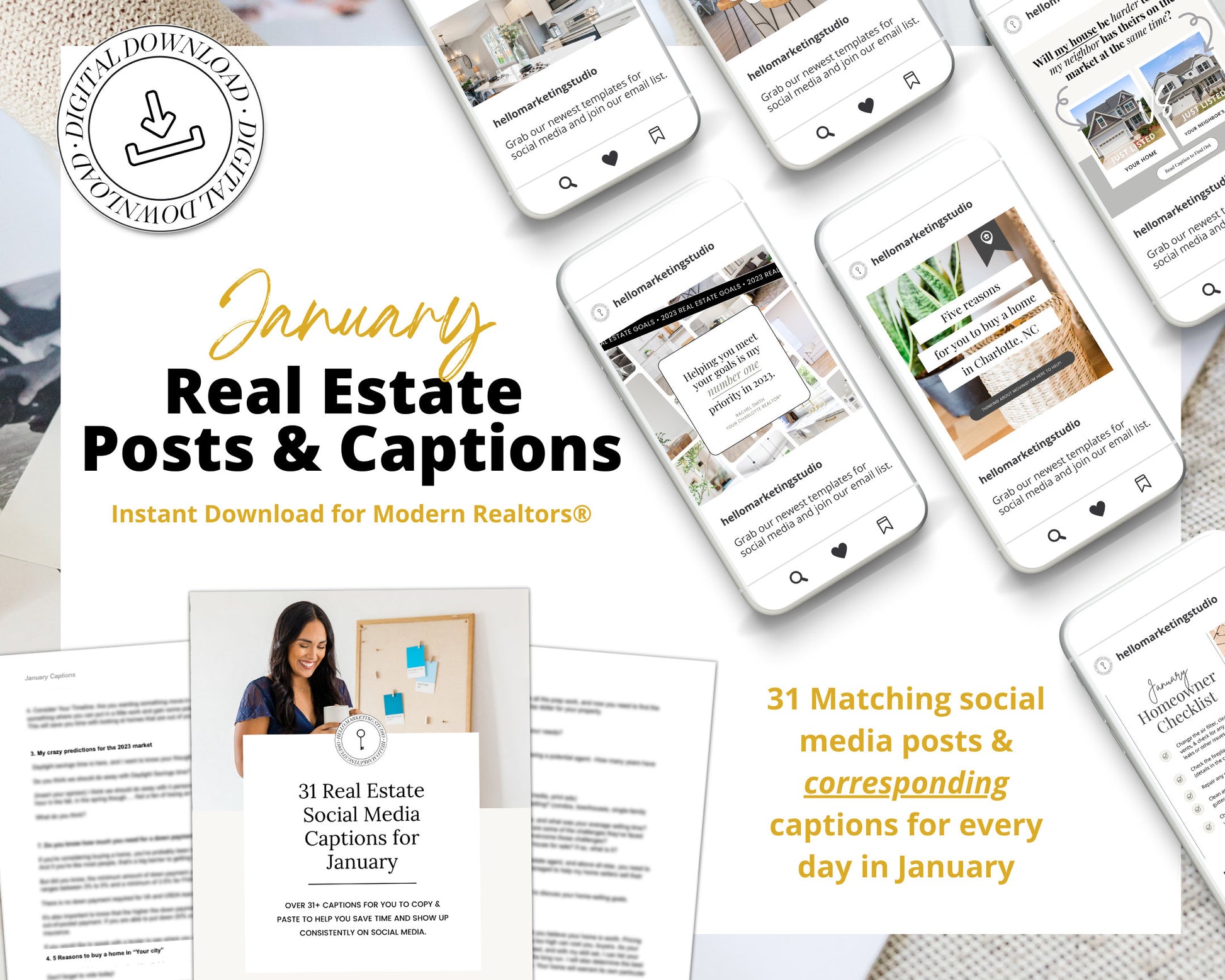 January Real Estate Captions & 31 Matching Real Estate Canva Posts | Real Estate Instagram Posts | Real Estate Marketing | Canva Template