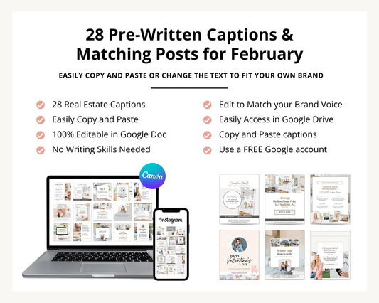 February Real Estate Captions & 28 Matching Real Estate Canva Posts | Real Estate Instagram Posts | Real Estate Marketing | Canva Template