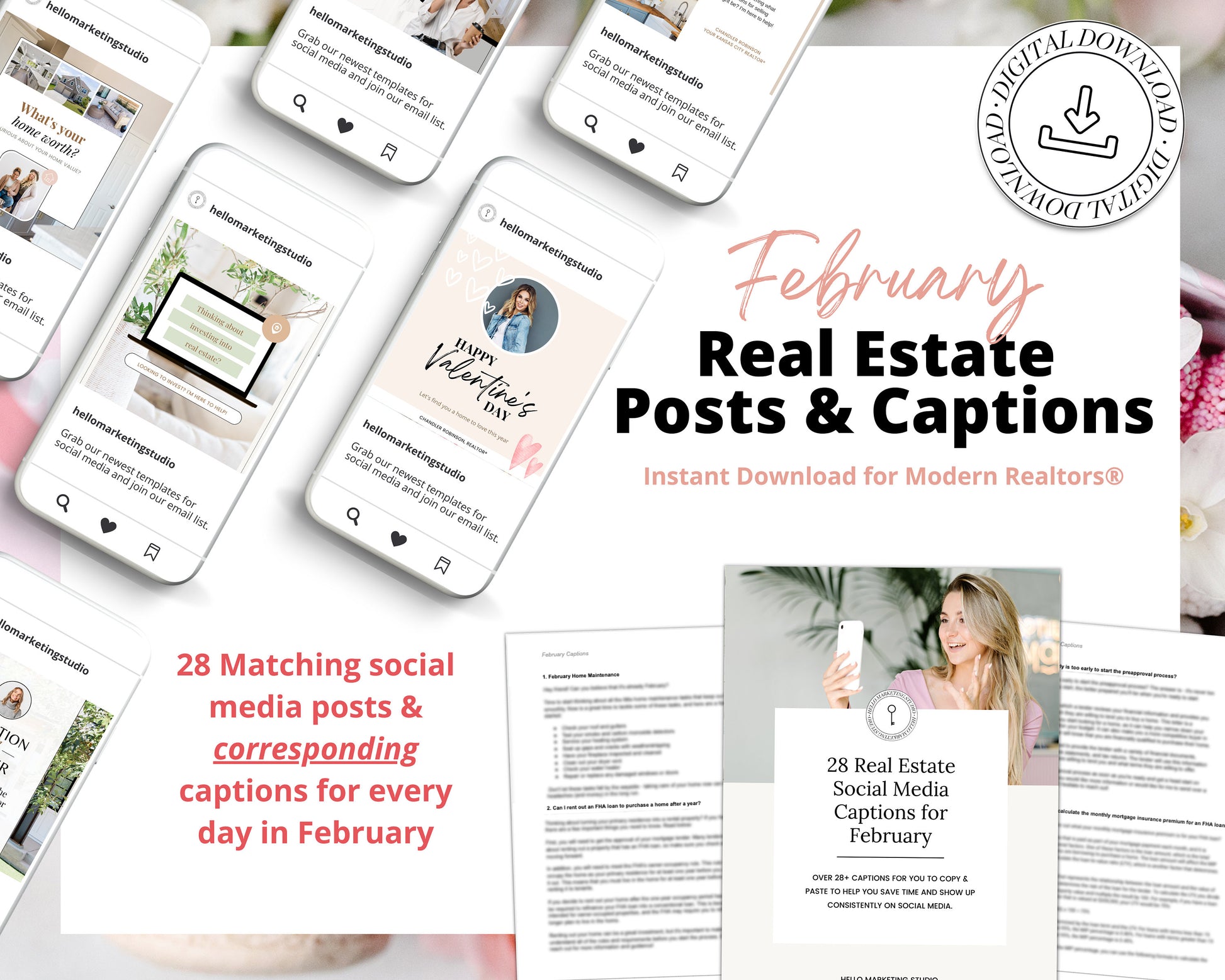 February Real Estate Captions & 28 Matching Real Estate Canva Posts | Real Estate Instagram Posts | Real Estate Marketing | Canva Template