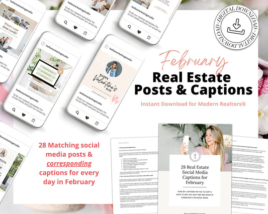 February Real Estate Captions & 28 Matching Real Estate Canva Posts | Real Estate Instagram Posts | Real Estate Marketing | Canva Template