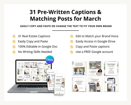 March Real Estate Captions & 31 Matching Real Estate Canva Posts | Real Estate Instagram Posts | Real Estate Marketing | Canva Template