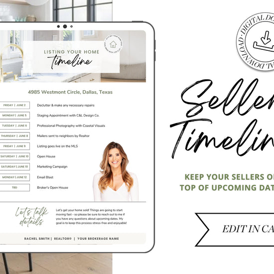 Seller Listing Timeline of Events | Seller Packet | Seller Flyer | Real Estate Marketing Material | Modern Marketing | Canva Template