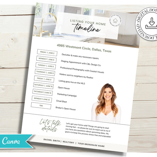 Seller Listing Timeline of Events | Seller Packet | Seller Flyer | Real Estate Marketing Material | Modern Marketing | Canva Template
