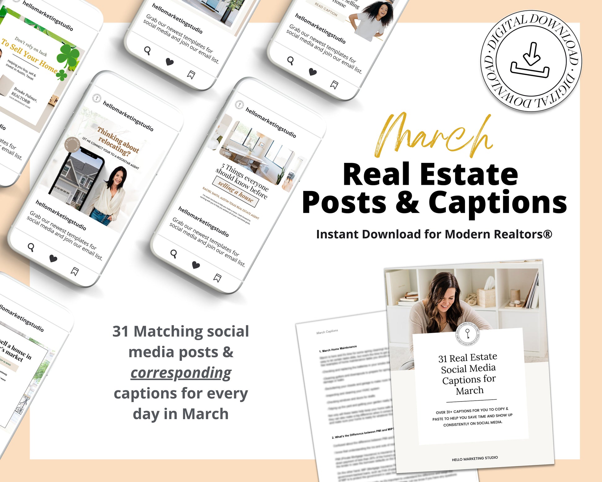 March Real Estate Captions & 31 Matching Real Estate Canva Posts | Real Estate Instagram Posts | Real Estate Marketing | Canva Template