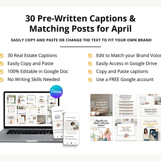 April Real Estate Captions & 30 Matching Real Estate Canva Posts | Real Estate Instagram Posts | Real Estate Marketing | Canva Template