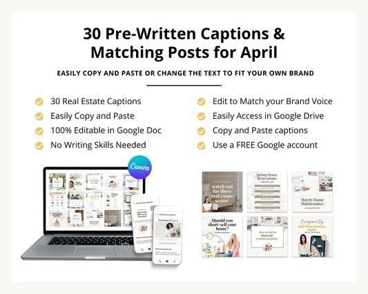 April Real Estate Captions & 30 Matching Real Estate Canva Posts | Real Estate Instagram Posts | Real Estate Marketing | Canva Template