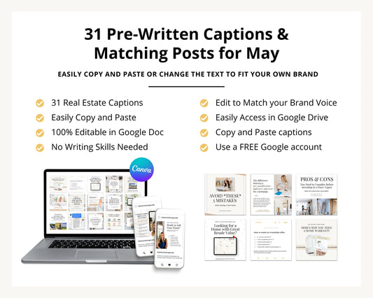 May Real Estate Captions & 31 Matching Real Estate Canva Posts | Real Estate Instagram Posts | Real Estate Marketing | Canva Template