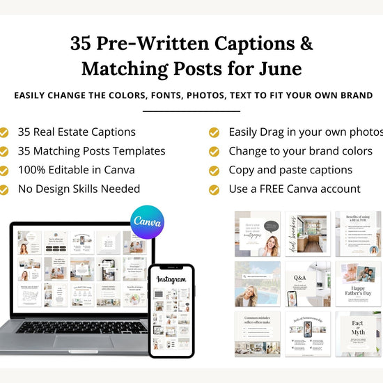 June 35 Real Estate Captions & 35 Real Estate Canva Posts | Real Estate Agent Social Media Posts | Real Estate Marketing | Canva Template